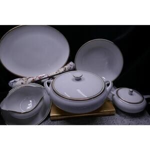 Fine Bone Translucent Porcelain 5 piece serving set with Gold Trim and Handles